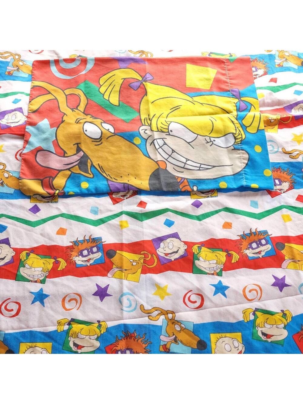1990s Vintage Rugrats Nickelodeon Flat Sheet & Pillow Case Bedding - Picture 2 of 7